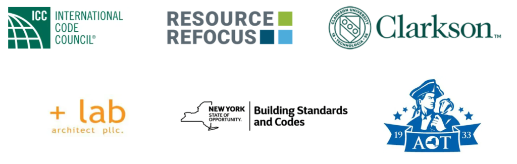 Logos for International Code Council, Resource Refocus, Clarkson University, +lab architect pllc, New York State Building Standards and Codes, and AOT collaged on a white background.
