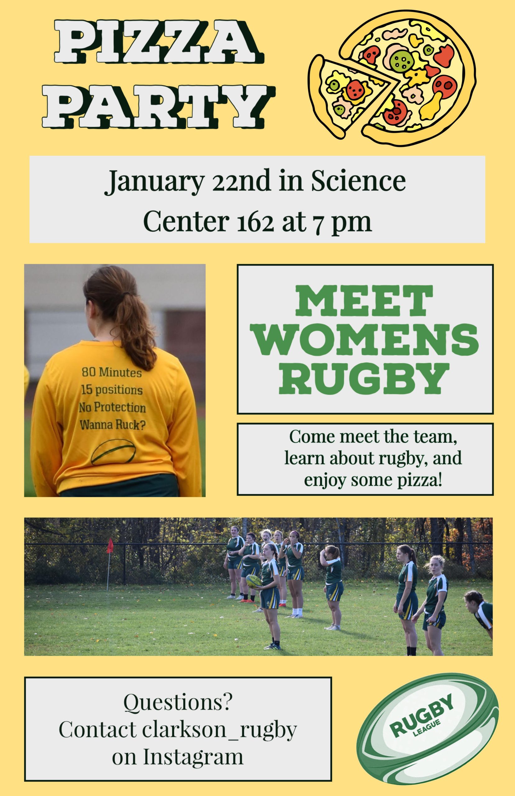 Women’s Rugby Pizza Party! Come eat pizza with our team and learn more about the sport of rugby