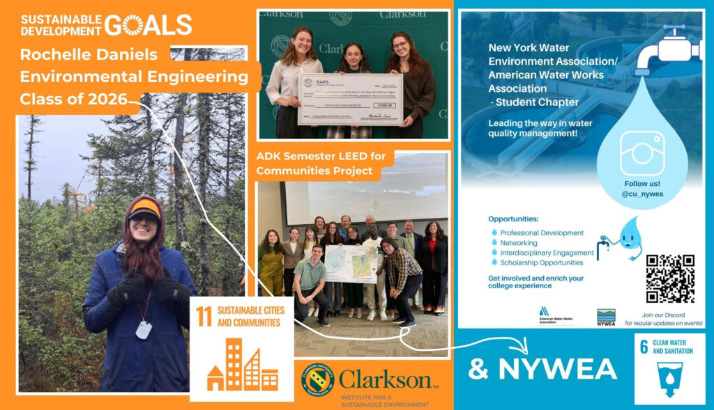 Text reads "Sustainable Development Goals, Rochelle Daniels Environmental Engineering, Class of 2026." A collage of images, including a photo of a young woman wearing a baseball cap standing in front of trees. The United Nations Sustainable Development Goal logo for goal 11, Sustainable Cities and Communities is featured. A photo of three young women holding a check, as well as a photo of a group of students with a map of the Adirondacks is featured. Text reads "ADK Semester LEED for Communities Project." The New York Water Environment Association poster, featuring a water droplet is also included in the collage, with the United Nations Sustainable Development Goal logo for number 6, Clean Water and Sanitation, featured.