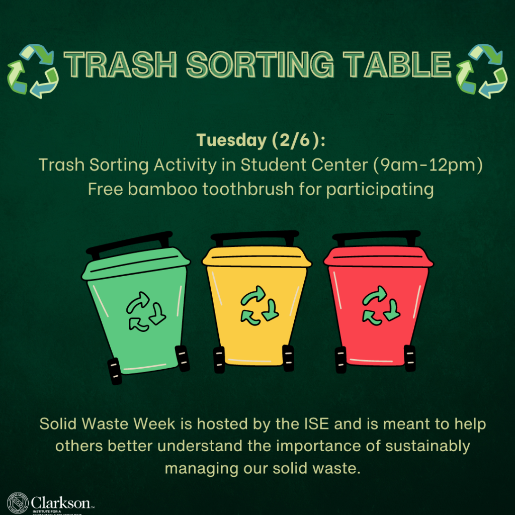 Trash Sorting Table: Tuesday (2/6): Trash Sorting Activity in Student Center (9am-12pm) Free bamboo toothbrush for participating. Solid Waste Week is hosted by the ISE and is meant to help others better understand the importance of sustainably managing our solid waste.