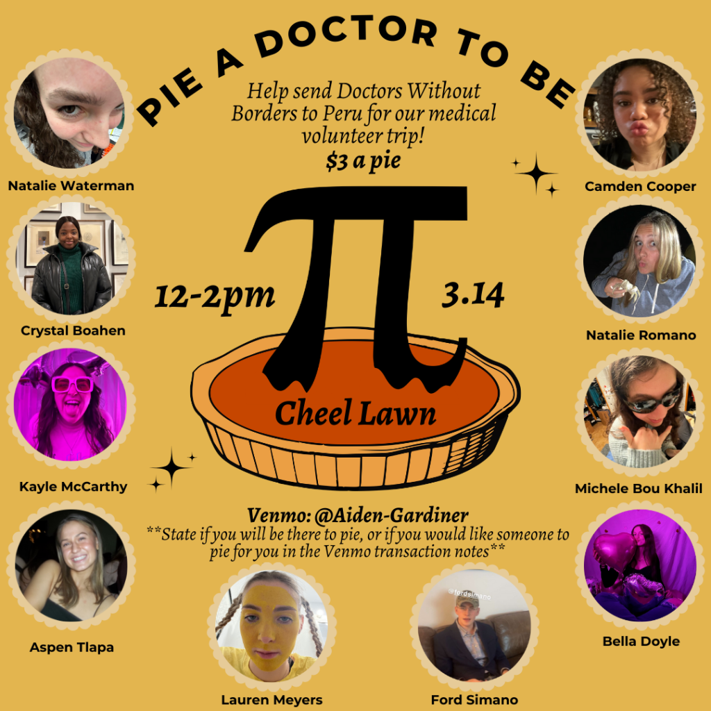 Pictured are the members Natalie Waterman, Crystal Boahen, Kayle McCarthy, Aspen Tlapa, Lauren Meyers, Ford Simano, Bella Doyle, Michele Bou Khalil, Natalie Romano, and Camden Cooper who are available to pie. As well as a pumpkin pie with a pi symbol on top. 
