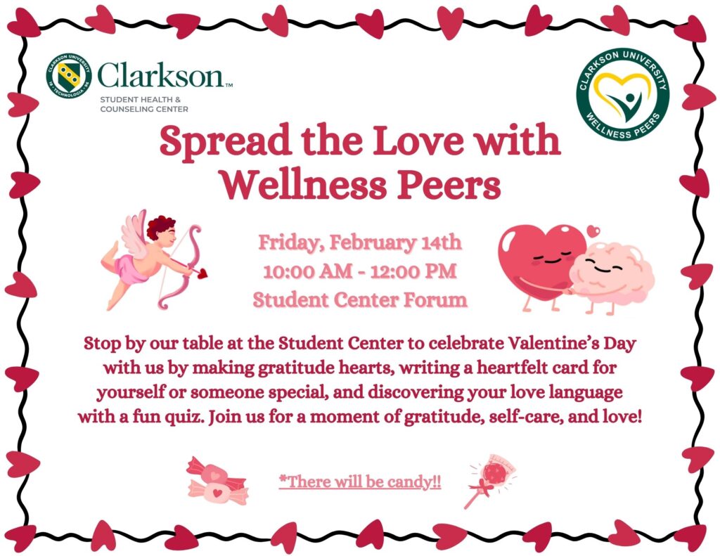 image of graphics, including cupid, a heart and brain holding hands, candy, and the Wellness Peers and SHAC logo. Event information for Friday, February 14th from 10am-12pm at the Student Center for the "Spread the Love with Wellness Peers" event.