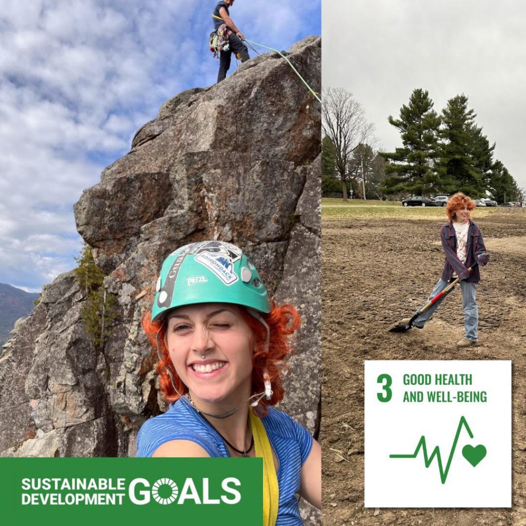 A young woman with bright orange hair and a teal climbing helmet rock climbing with ropes, and the same young woman posing with a shovel. Text reads "Sustainable Development Goals, number three: good health and well-being."