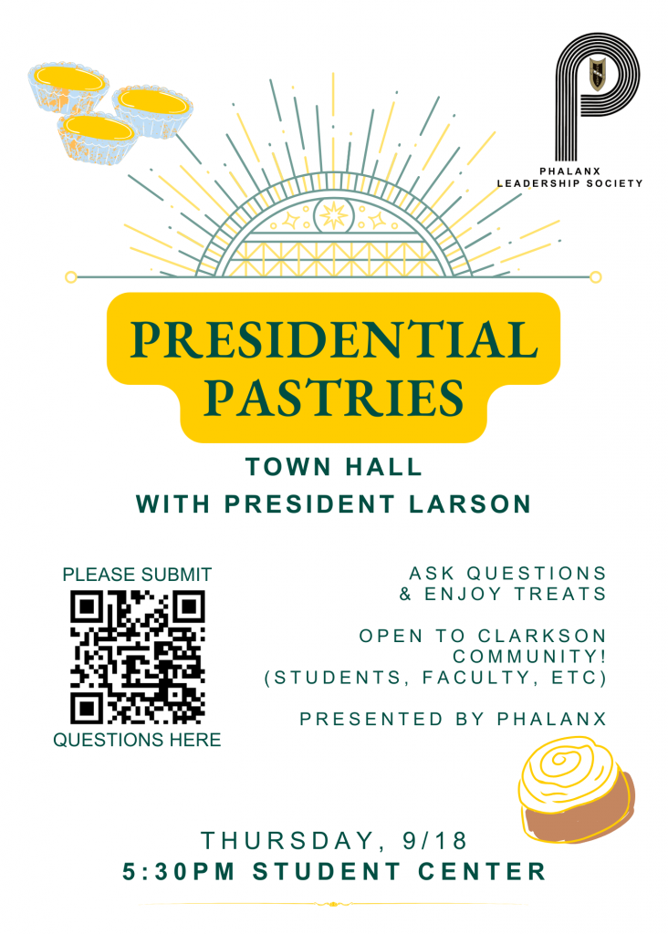 Promotional flyer for “Presidential Pastries,” a student town hall with President Larson on Thursday, Sept 18 at 5:30 PM in the Student Center Forum. Includes event details, Phalanx logo, pastry illustrations, and a QR code for question submissions.