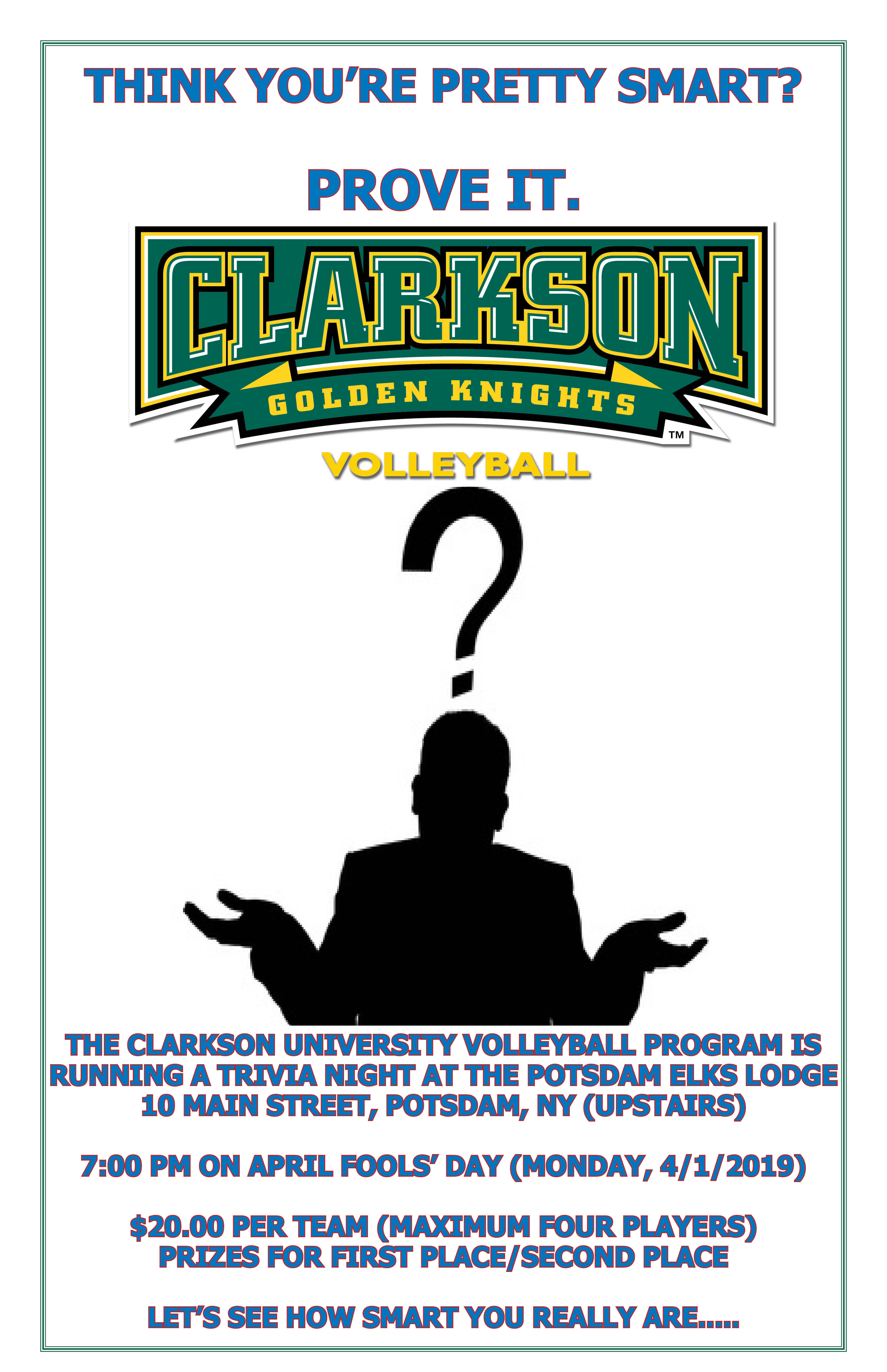 Are you a Fool or a Genius? Clarkson Volleyball to Host Trivia Night at the Elks Lodge (April 1st)