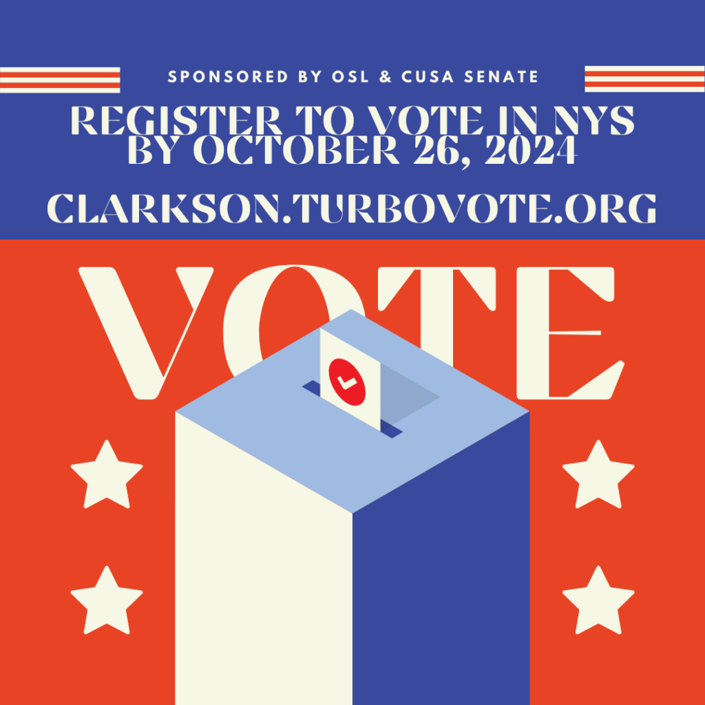 A red white and blue image of a vote going into a ballot box advertising clarkson.turbovote.org and sponsorship by OSL and CUSA Senate.