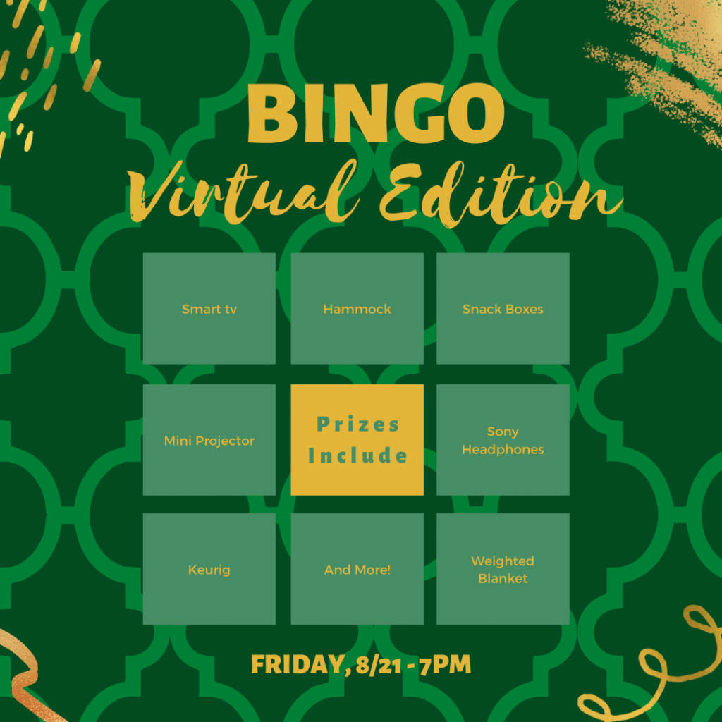 Bingo flyer with green and gold Bingo board listing same information as in text of email.