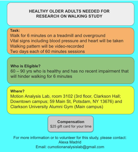 Healthy Older Adults Needed for Research on Walking Study Task: • Walk for 6 minutes on a treadmill and overground • Vital signs, including blood pressure and heart rate, will be taken • Walking pattern will be video-recorded • Two days of sessions, each lasting 60 minutes Who is Eligible? • Healthy individuals aged 60–90 years • No recent impairments that would hinder walking for 6 minutes Where? • Motion Analysis Lab, Room 3102 (3rd floor, Clarkson Hall; Downtown Campus, 59 Main St, Potsdam, NY 13676) • Clarkson University Alumni Gym (Main Campus) Compensation: • $25 gift card for your time For more information or to volunteer, please contact Alexa Madrid at cumotionanalysislab@gmail.com.