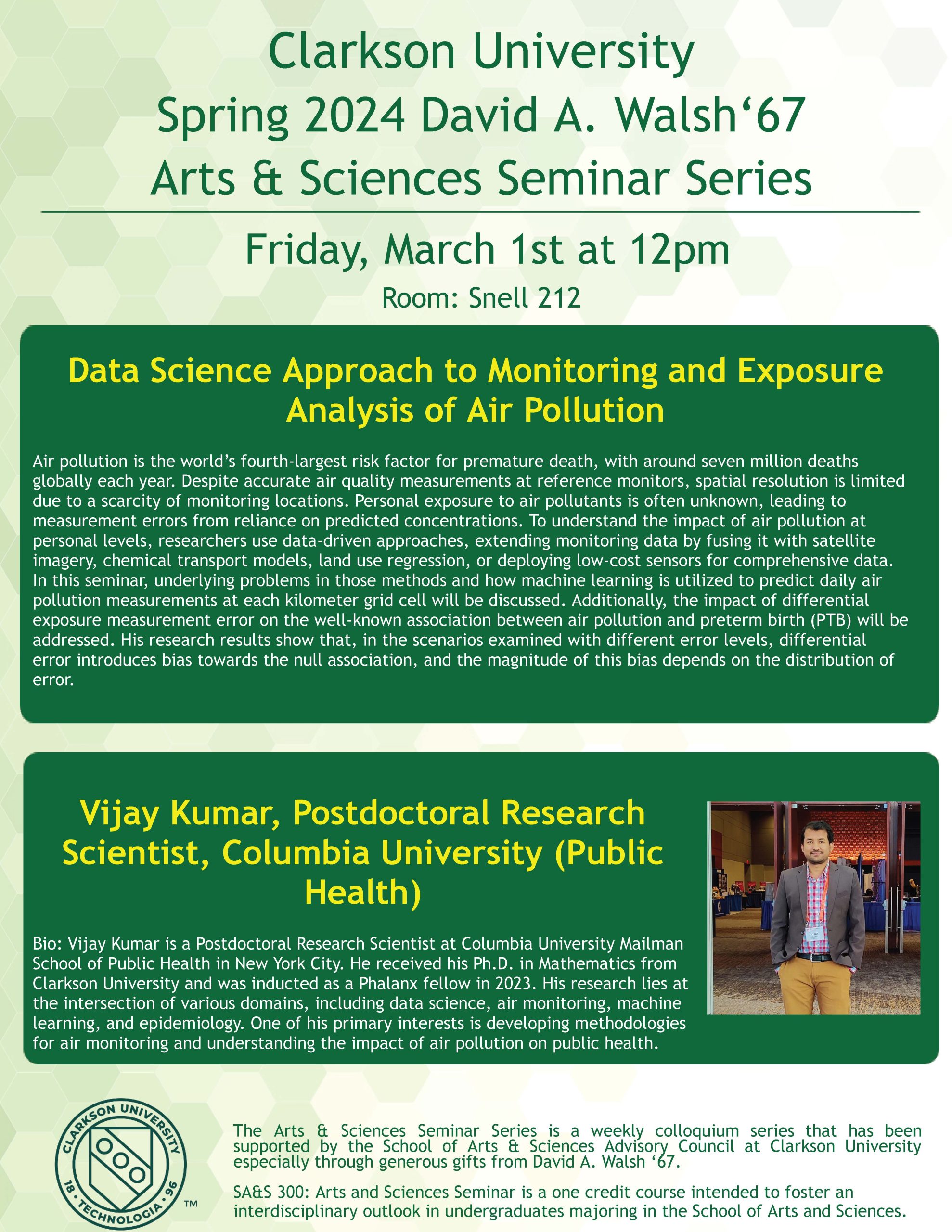 David A Walsh Arts and Science Seminar talk this Friday March 1st at noon in Snell 212.
