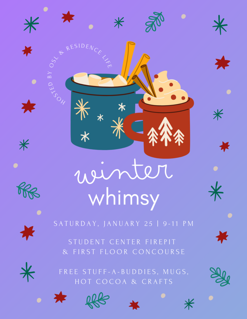 A purple and teal flyer with mugs on it detailing the Winter Whimsy event.