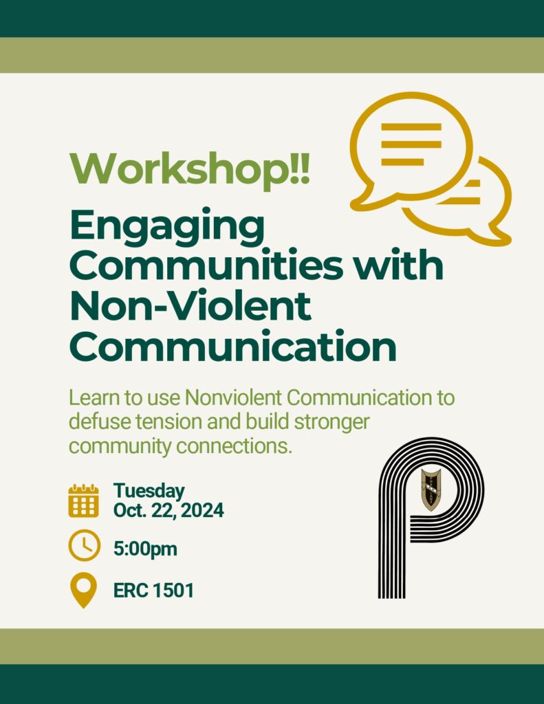 Green and gold themed graphic made in Canva that restates the name, time, and location of the event.. Namely, 5pm on Tuesday, October 22nd in ERC 1501. The title is "Engaging Communities with Non-Violent Communication" and the subtitle is "Learn to use Nonviolent Communication to defuse tension and build stronger community connections."