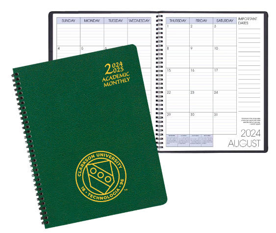 A spiral notebook is displayed with a green cover and Clarkson University's logo, behind which is an open display of the notebook with a weekly planner on the open pages.