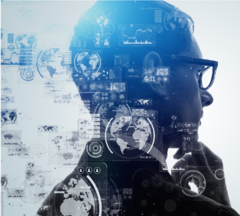 Silhouetted profile of a man wearing glasses, appearing deep in thought, overlaid with futuristic digital graphics including global maps, charts, and data interfaces—symbolizing artificial intelligence, data analysis, and machine-driven insights.
