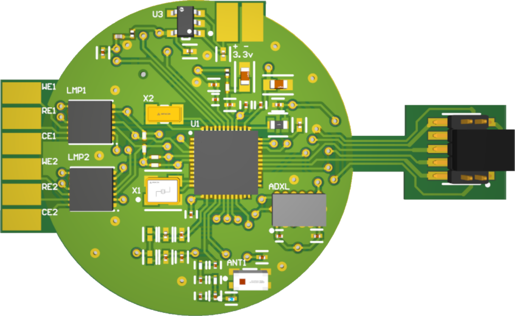 The images show the biosensor designed by the student team. The first image (Green) shows the top view of the PCB component, whereas the second image (red) shows the PCB tracing.