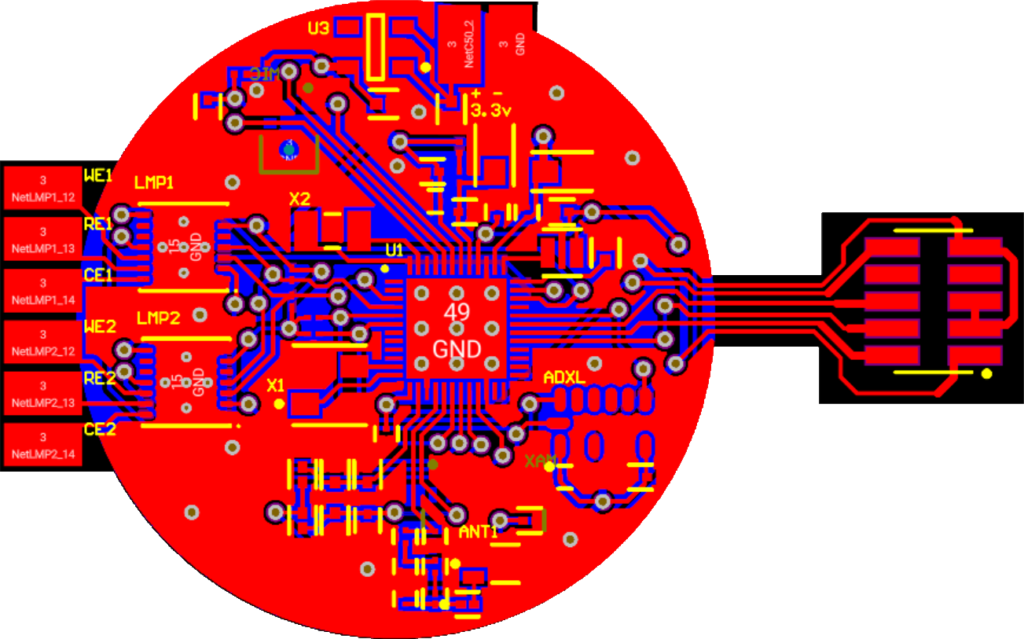 The images show the biosensor designed by the student team. The first image (Green) shows the top view of the PCB component, whereas the second image (red) shows the PCB tracing.