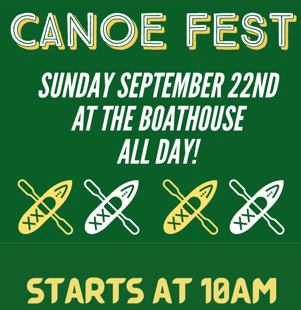 Green flier with yellow and white kayaks announing date and time of canoe fest.