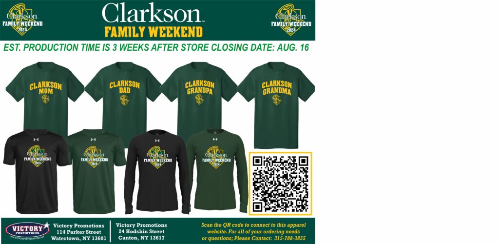 A white and green image with different shirt styles and a QR code to purchase shirts for Family Weekend.
