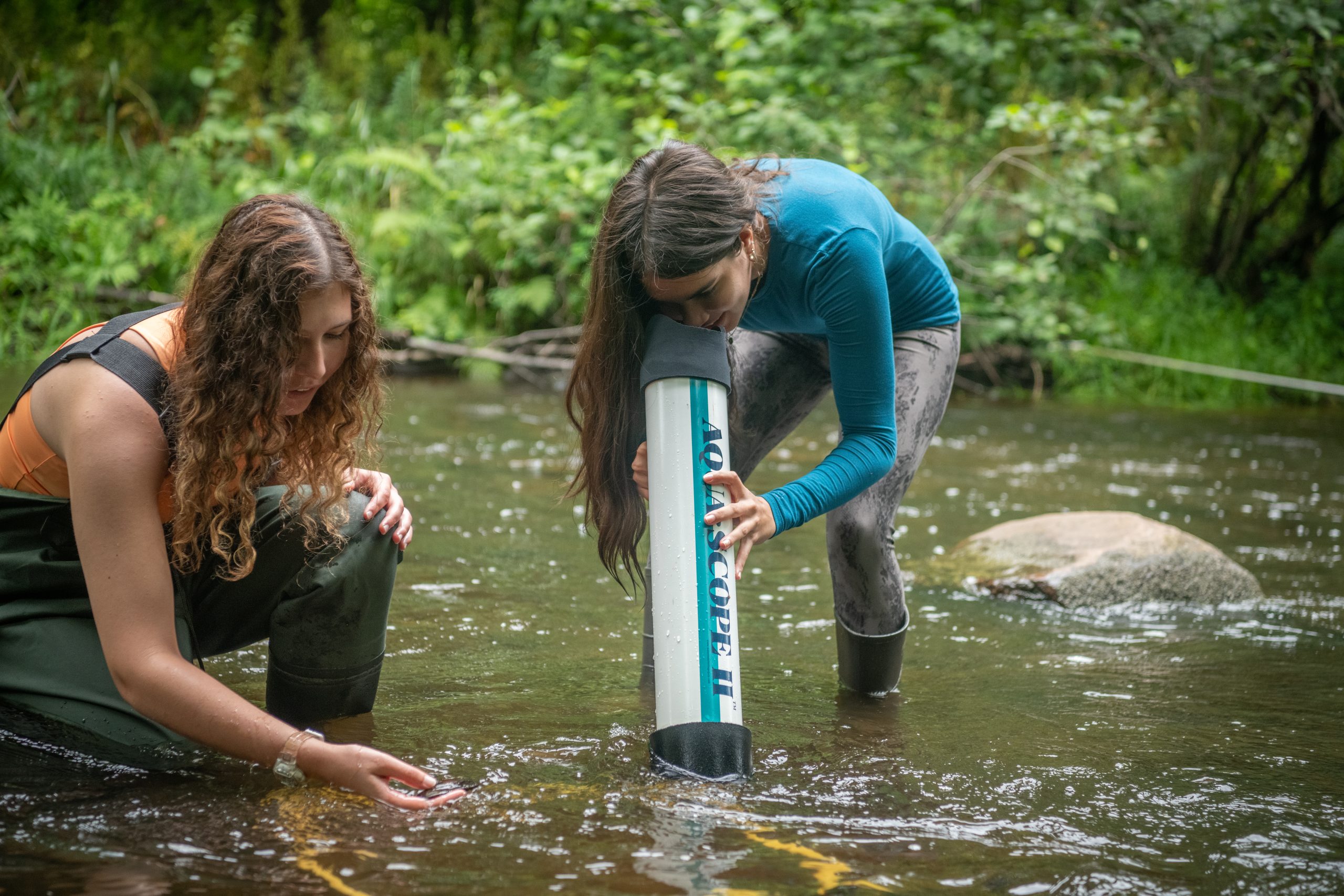 a student kneels down and reaches her hand into the river under a tube a second student is using to look beneath the surface.