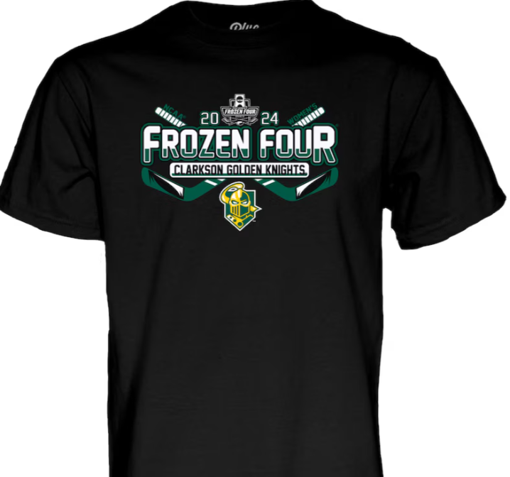 a black t-shirt that reads 2024 Frozen Four Clarkson Golden Knights