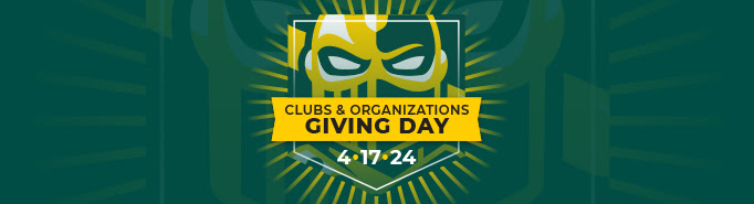 Clarkson University Clubs and Organizations Giving Day written on Yellow Banner in front of Clarkson athletics logo with 4.17.24 underneath