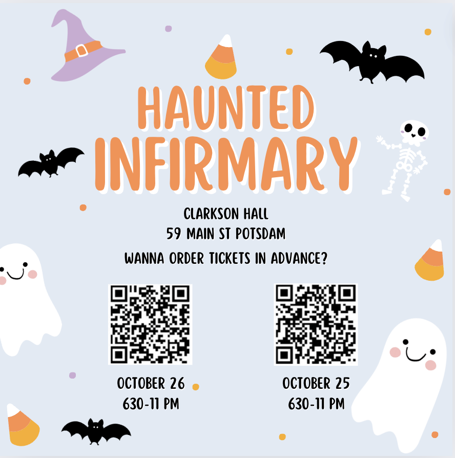 Haunted infirmary event poster decorated with animated candy corn, bats, and ghosts