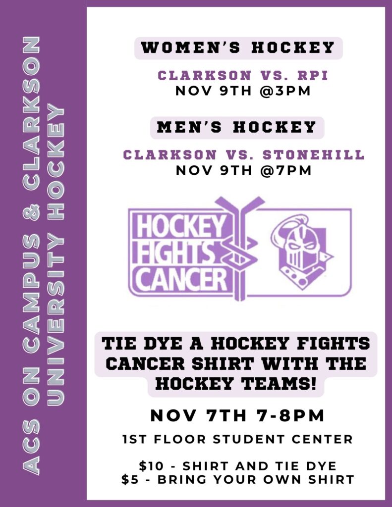 A purple and white poster is shown, promoting Hockey Fights Cancer events hosted by the American Cancer Society on Campus. It reads "ACS on Campus & Clarkson University Hockey. Women's Hockey: Clarkson vs RPI, Nov 9th @3PM. Men's Hockey: Clarkson vs Stonehill, Nov 9th @7PM. Tie Dye a Hockey Fights Cancer Shirt with the Hockey Teams! Nov 7th 7-8PM, 1st Floor Student Center. $10 - Shirt and Tie Dye. $5 - Bring your own Shirt."