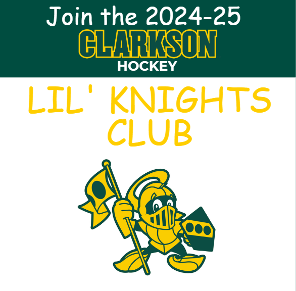 green and white flyer with child version of Golden Knight mascot. Flyer reads Join the 2024-25 Clarkson Hockey Lil Knights Club