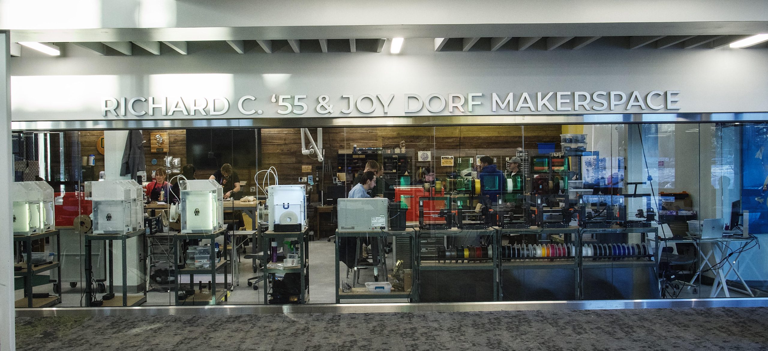 the front of the Richard C. '55 & Joy Dorf Makerspace, located on the first floor of the Educational Resource Center.