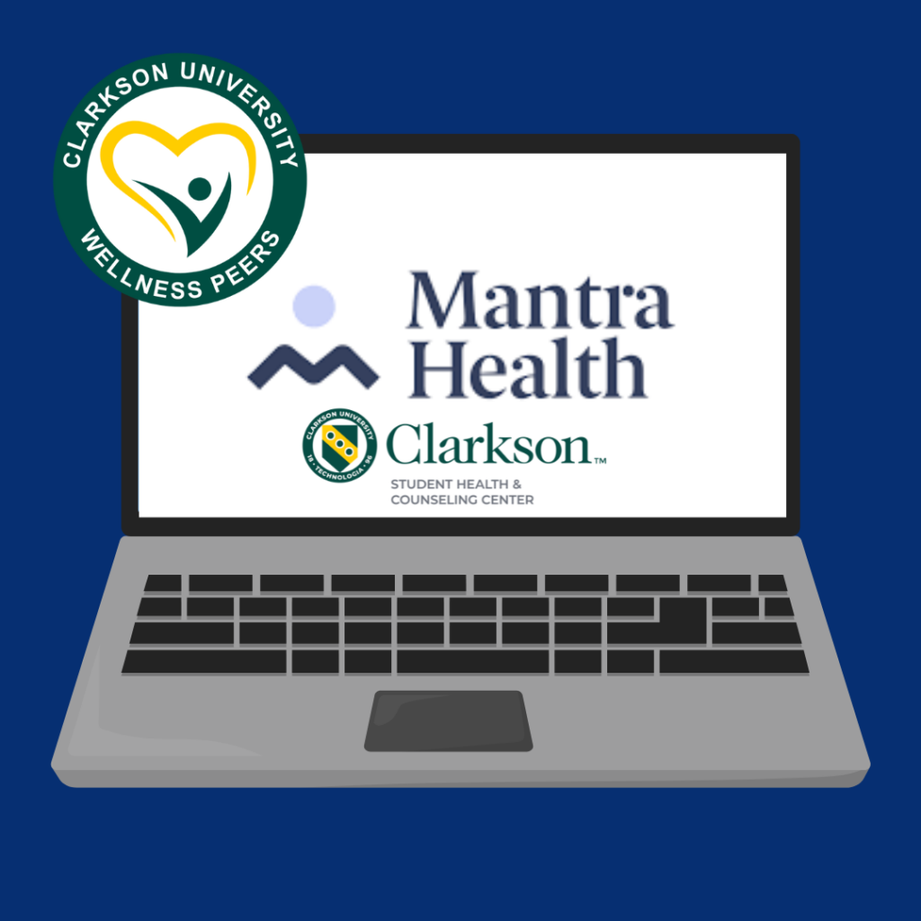 image of a laptop with Mantra Health, Wellness Peers, and SHAC logo