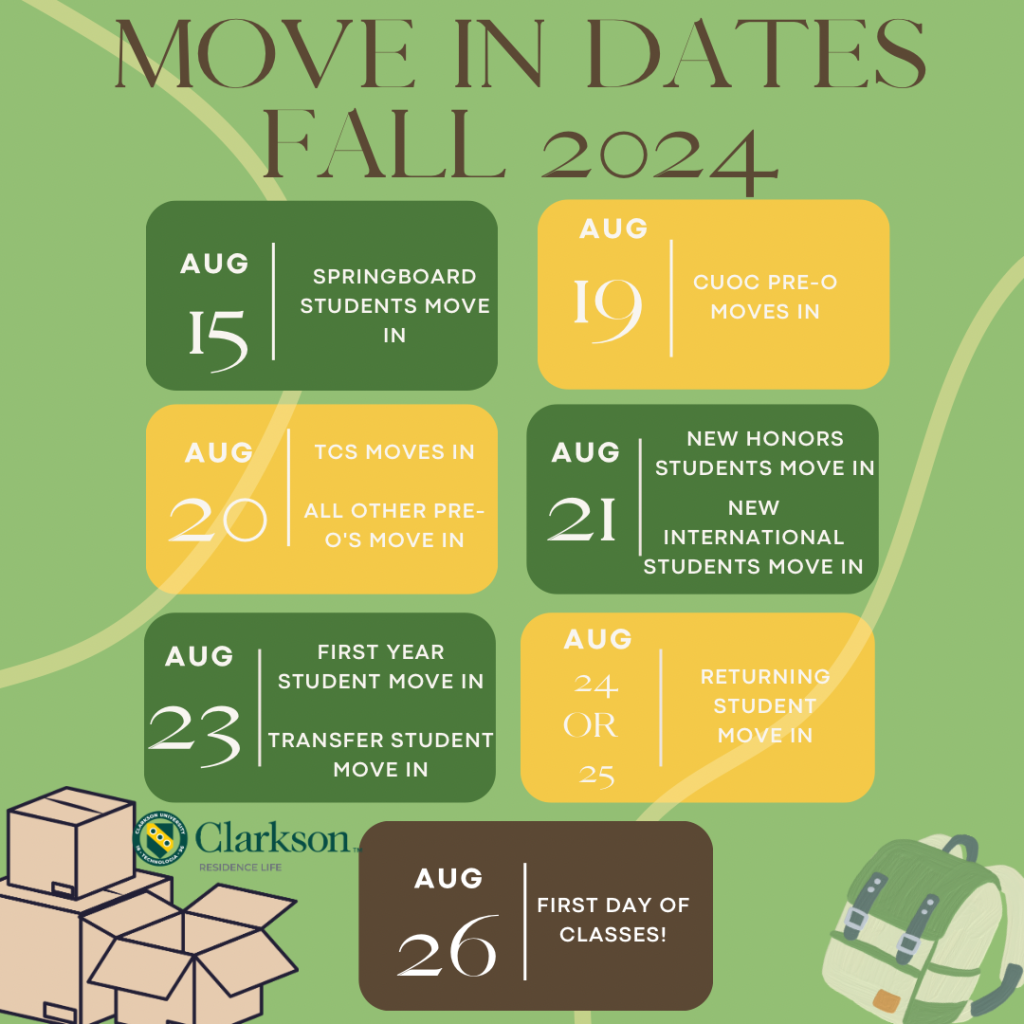 Flyer for Fall 2024 Move-In Dates. The top of the flyer reads 'MOVE IN DATES FALL 2024' in large brown letters. The flyer lists the move-in dates as follows:

August 15: Springboard Students Move In

August 19: CUOC Pre-O Moves In

August 20: TCS Moves In, All Other Pre-O's Move In

August 21: New Honors Students Move In, New International Students Move In

August 23: First Year Student Move In, Transfer Student Move In

August 24 or 25: Returning Student Move In

At the bottom, it states 'August 26: First Day of Classes!' There are illustrations of cardboard boxes in the bottom left corner and a backpack in the bottom right corner. The Clarkson University Residence Life logo is also present
