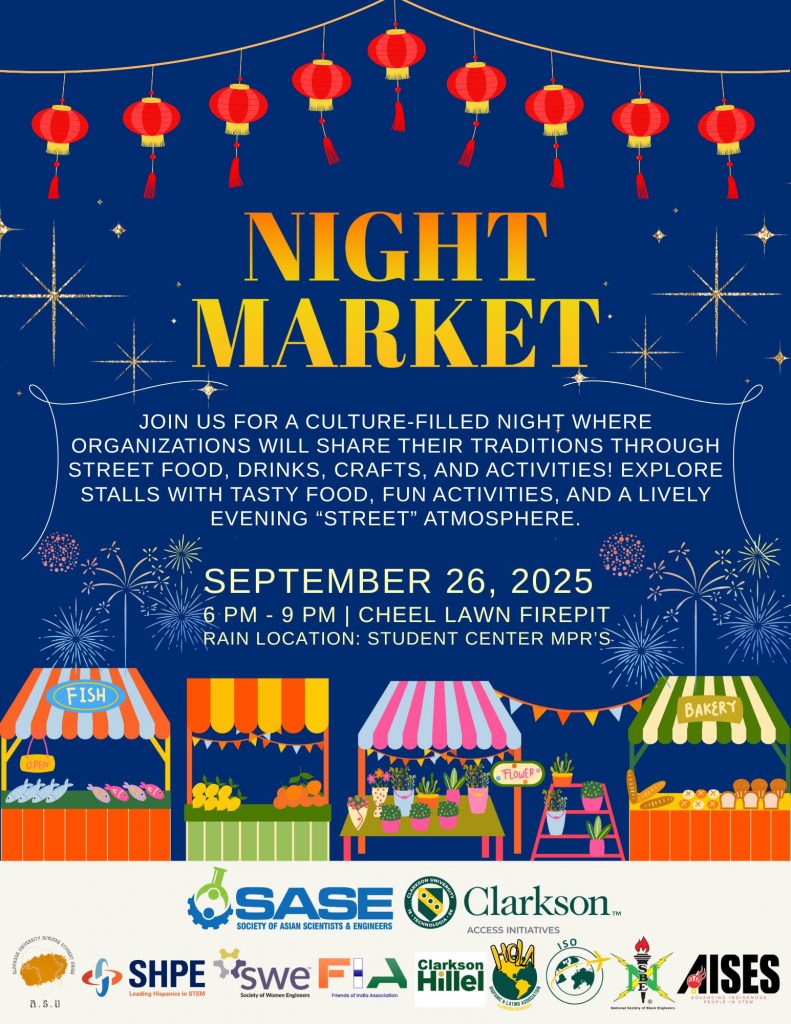 “Poster for a campus Night Market event on a deep blue background. A row of glowing red paper lanterns hangs across the top with golden sparkles and fireworks around them. Large yellow text reads ‘Night Market.’ Below, white text invites attendees to a culture-filled evening featuring street food, drinks, crafts, and activities. Event details list: September 26, 2025, 6–9 PM at Cheel Lawn Firepit, with a rain location at Student Center MPR’s. Colorful illustrated market stalls selling fish, fruit, flowers, and bakery goods line the bottom. Logos of sponsoring student organizations appear along the bottom edge.”  