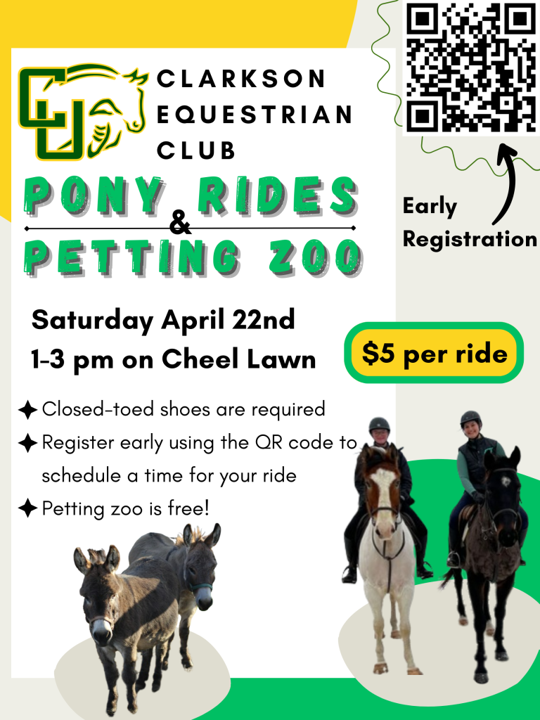 Clarkson Equestrian Club Pony Rides and Petting Zoo event flyer. Contains early registration QR code, picture of 2 miniature donkeys, and picture of 2 Equestrian Club riders on horseback.