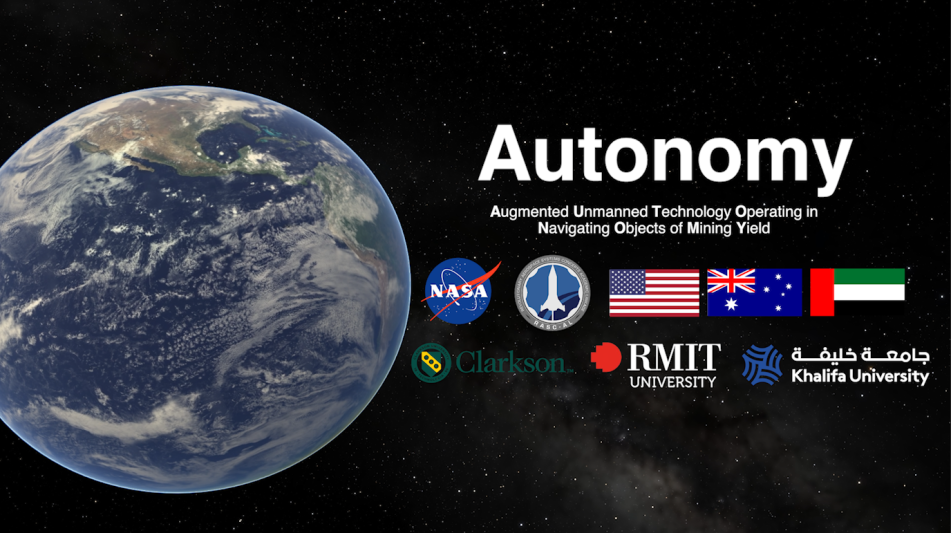 Earth is positioned on the left of a graphic with a starry sky background on which is written Autonomy Augmented Unnamed Technology Operating in Navigating Objects of Mining Yield, under which is the logos for NASA and RASC-AL, along with the flags of the U.S., Australia and UAE, as well as logos for Clarkson University, RMIT University and Khalifa University