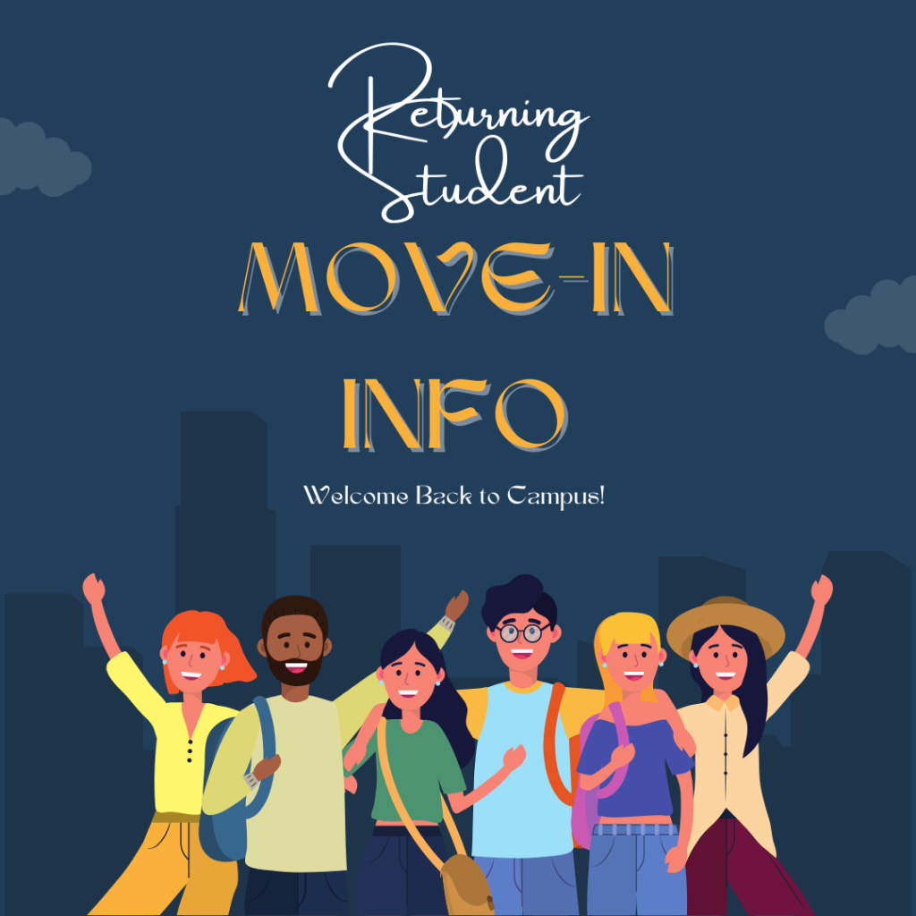 Flyer titled 'Returning Student Move-In Info.' The text is written in a mix of elegant cursive and bold yellow letters against a dark blue background. Below the title, it says, 'Welcome Back to Campus!' The bottom of the flyer features an illustration of six diverse students standing together, smiling and raising their hands, with a city skyline silhouette in the background.