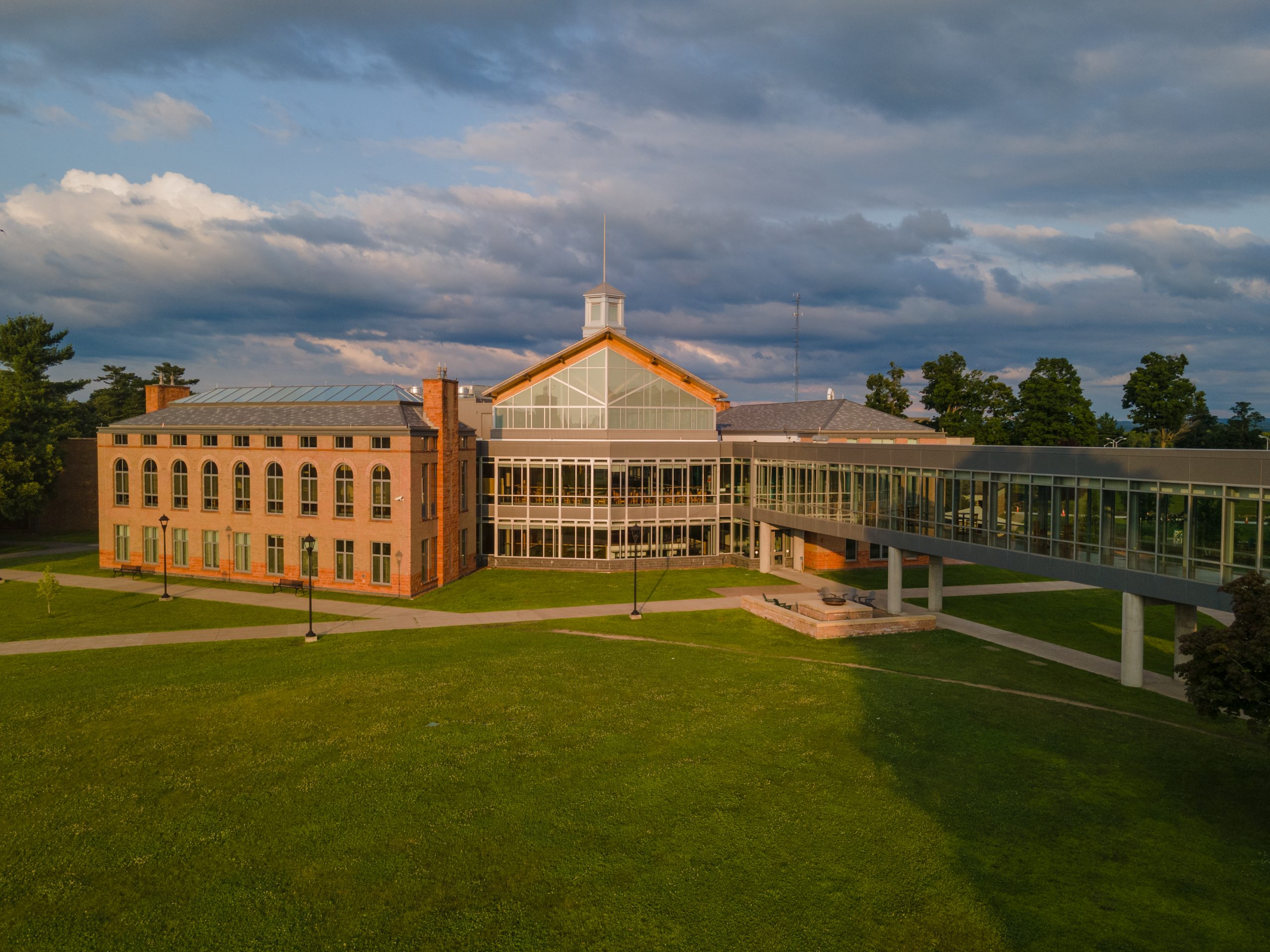 Aerial photo of Clarkson's student center during the summer