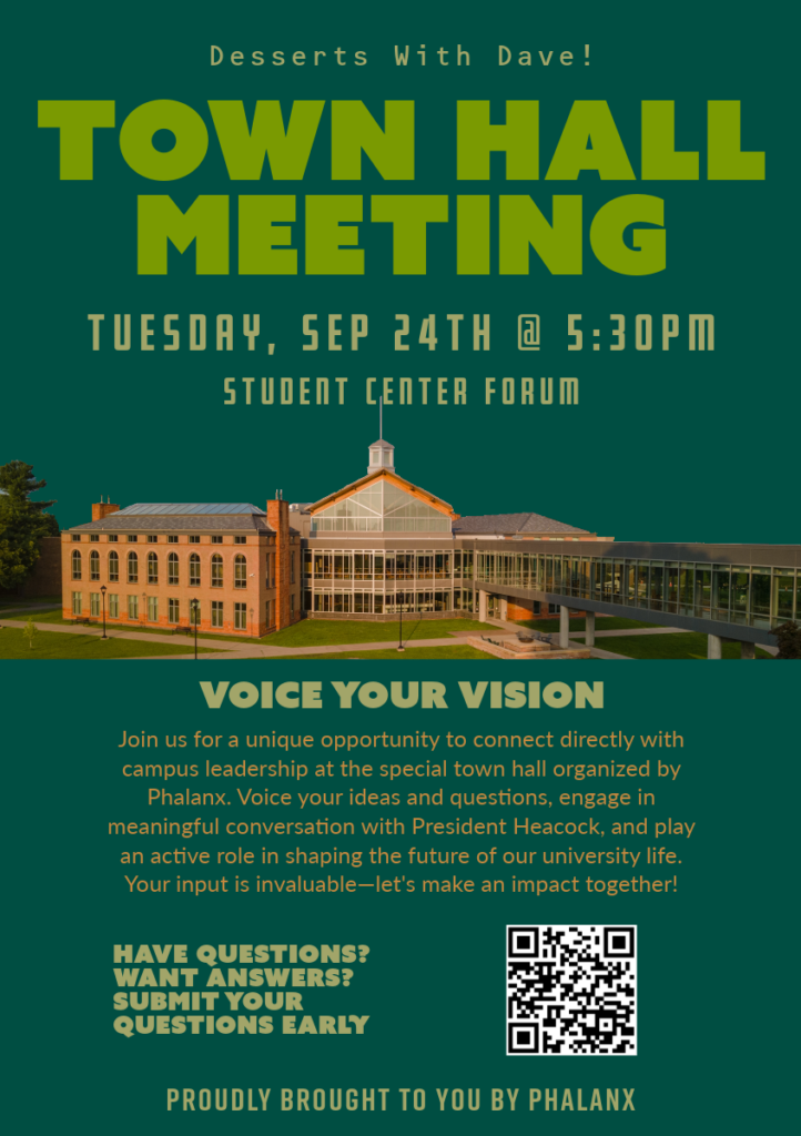 Promotional poster for the 'Desserts with Dave' town hall event featuring President Heacock. The poster showcases an image of the Student Center Forum at the Potsdam campus, where the event will take place. Event details are prominently displayed: 'Tuesday, Sep 24th at 5:30 PM.' The poster encourages participants to 'Voice Your Vision' and offers an opportunity to submit questions early via a QR code at the bottom. Text at the bottom states the event is 'Proudly Brought to You by Phalanx.