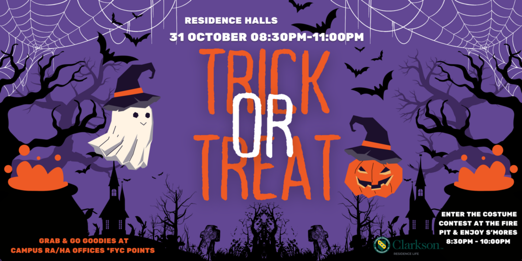 Purple Halloween banner featuring a ghost and a jack-o'-lantern, both wearing witch hats. The banner is decorated with bats, a spider web, and a haunted tree. Event details: Trick-or-Treating in Residence Halls, October 31st from 8:30 PM to 11:00 PM. Grab & Go Goodies are available at RA/HA Offices with FYC points. Costume contest and s'mores at the fire pit from 8:30 PM to 10:00 PM.