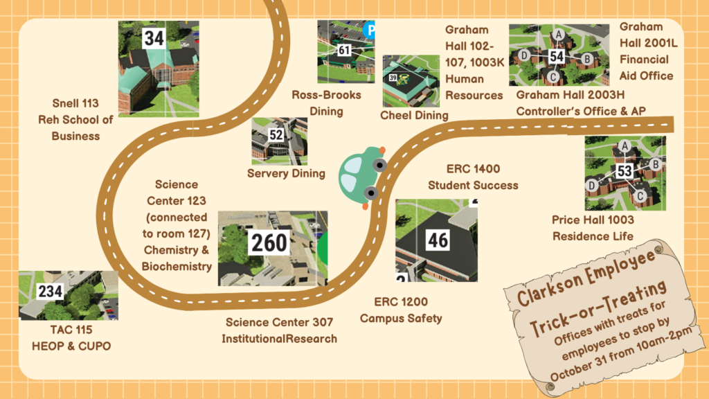 A playful Halloween map on a checkered orange background showing various Clarkson offices for employee trick-or-treating on October 31, from 10 am to 2 pm. A cartoon road with a car winds through campus locations like Snell 113 (Reh School of Business), Science Center 123 (Chemistry & Biochemistry), Ross-Brooks Dining, Cheel Dining, and Price Hall 1003 (Residence Life), with labeled office images along the route.