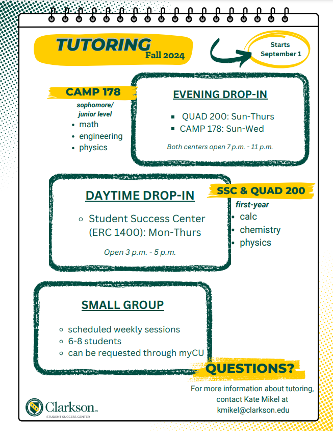 white background with the outline of a top bound spiral notebook with text in three boxes. Box 1 reads " Evening Drop-In: QUAD 200: Sun-Thurs, CAMP 178: Sun-Wed. Both centers open 7 p.m. - 11 p.m." There is a sidebar reading: " CAMP 178 sophomore/ junior level math, engineering, physics" Box 2 reads Daytime Drop-In: Student Success Center (ERC 1400): Mon-Thurs Open 3 p.m. to 5 p.m." and has a sidebar reading " SSC & QUAD 200 first-year calc, chemistry, physics." Box three reads " Small Group: scheduled weekly sessions, 6-8 students, can be requested through myCU." At the bottom is a section reading "Questions? For more information about tutoring, contact Kate Mikel at kmikel@clarkson.edu."