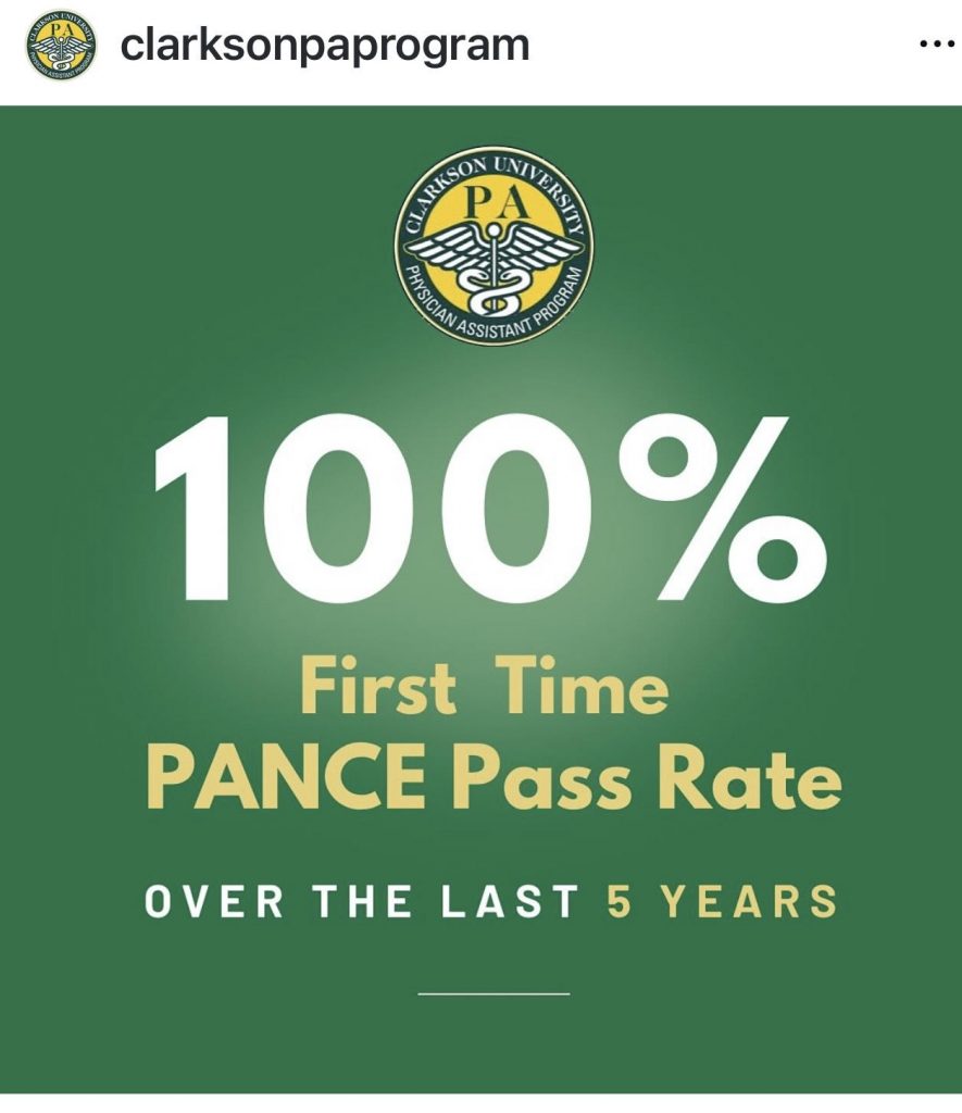 Green background with overlaying words that read 100% first time PANCE Pass Rate over the last 5 years