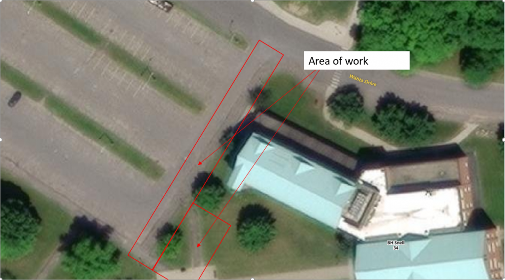 Map of moore parking lot showing that the sidewalk and road in front of snell hall will be under construction