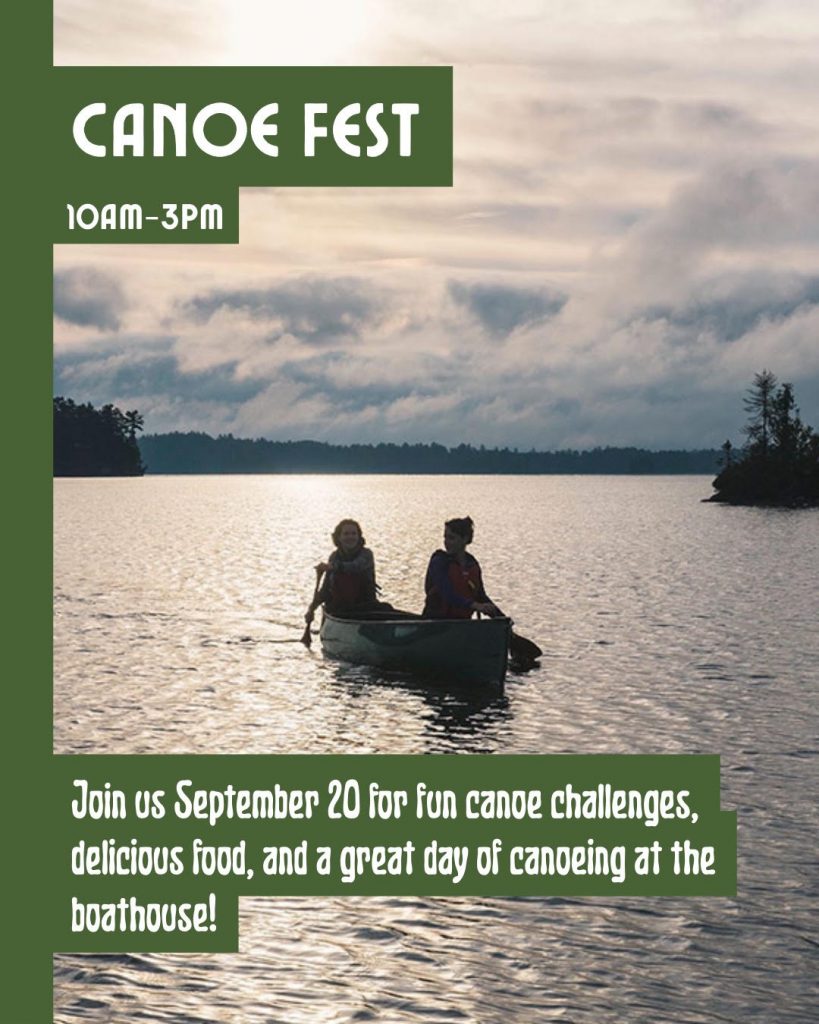 Two people canoeing on a calm lake at sunset. Text reads "Canoe Fest, 10AM-3PM" with event details.