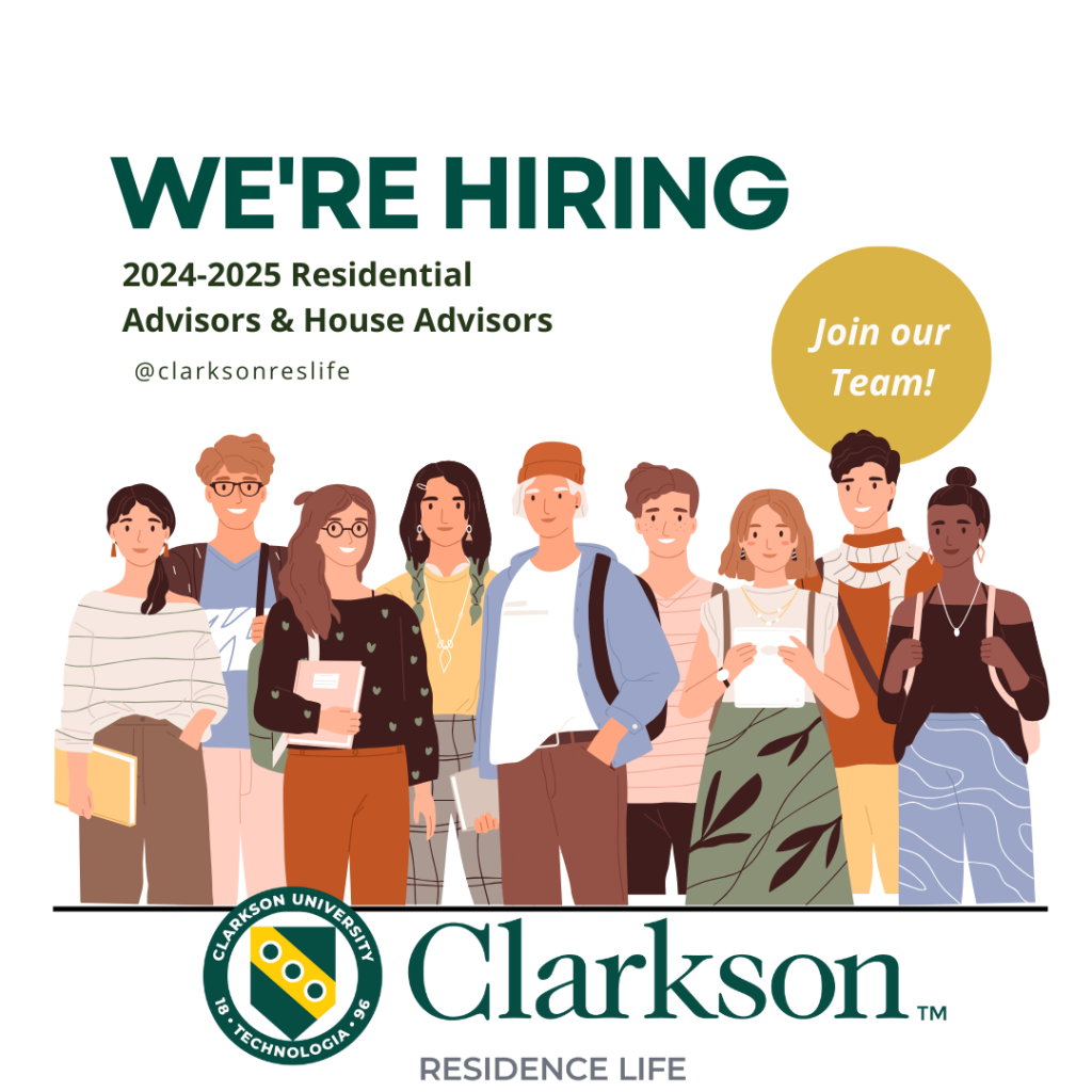 White Backgorund with 9 animation/drawn students. Image text reads We're Hiring 2024-2025 Residential Advisors and House Advisors, @clarksonreslife, join our team, Clarkson Residence Life
