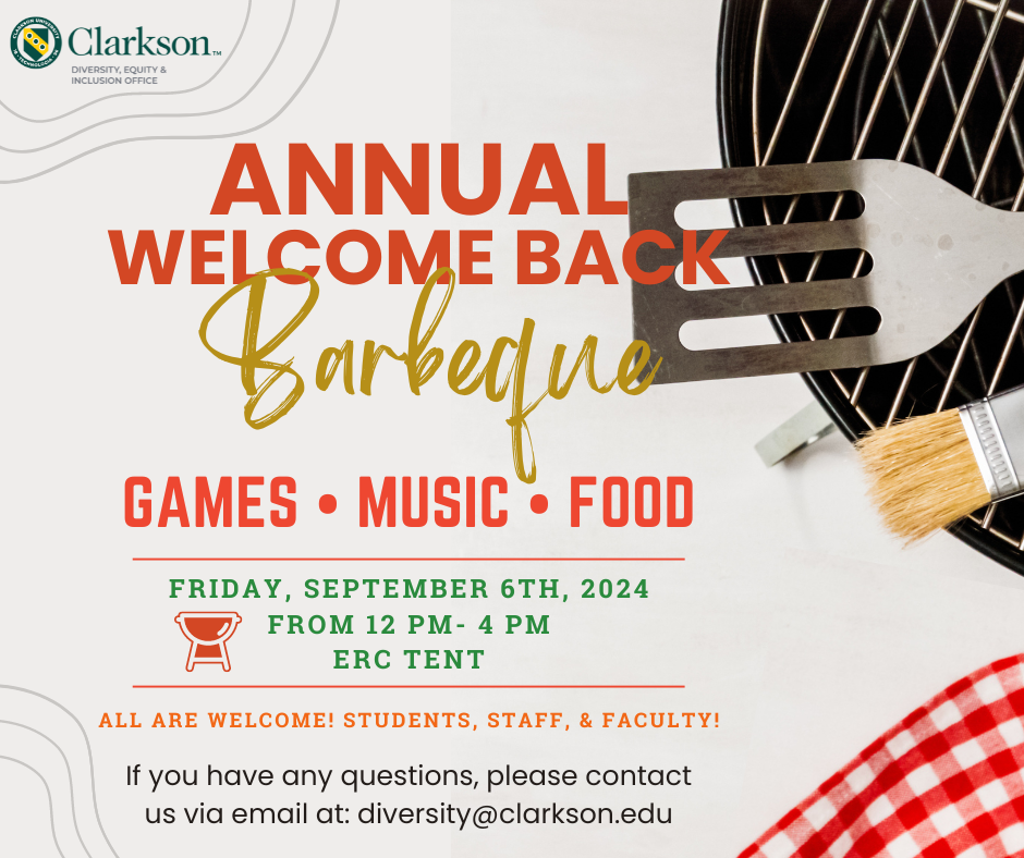 An event poster with event date, time, and location details along decorative designs, a grill, grilling items, and with a red and white checkered picnic tablecloth.
